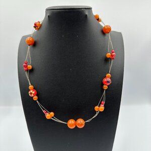3/$30 Robert Rose Necklace Floating Orange Beads Bronze Wired Floral 14.5 Inch